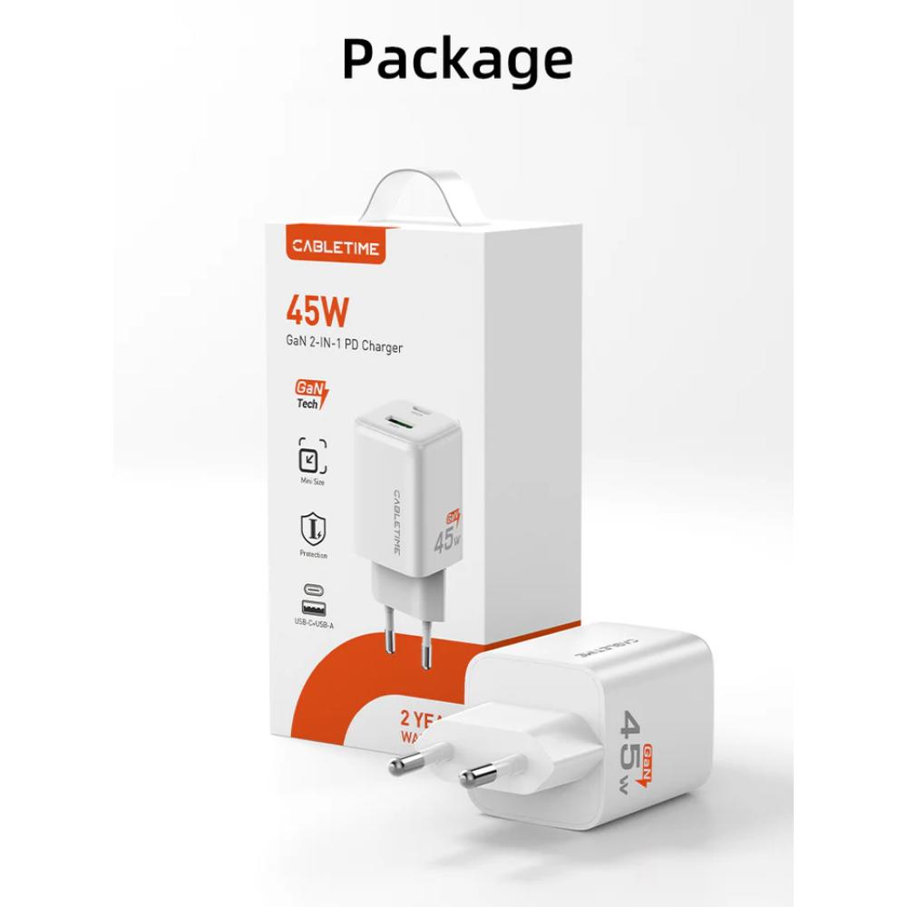 CABLETIME GA45W | Dual-Port 45W GaN USB-C & USB-A Wall Charger (Fast Charging for Laptop, Phone & Tablet, EU Plug)