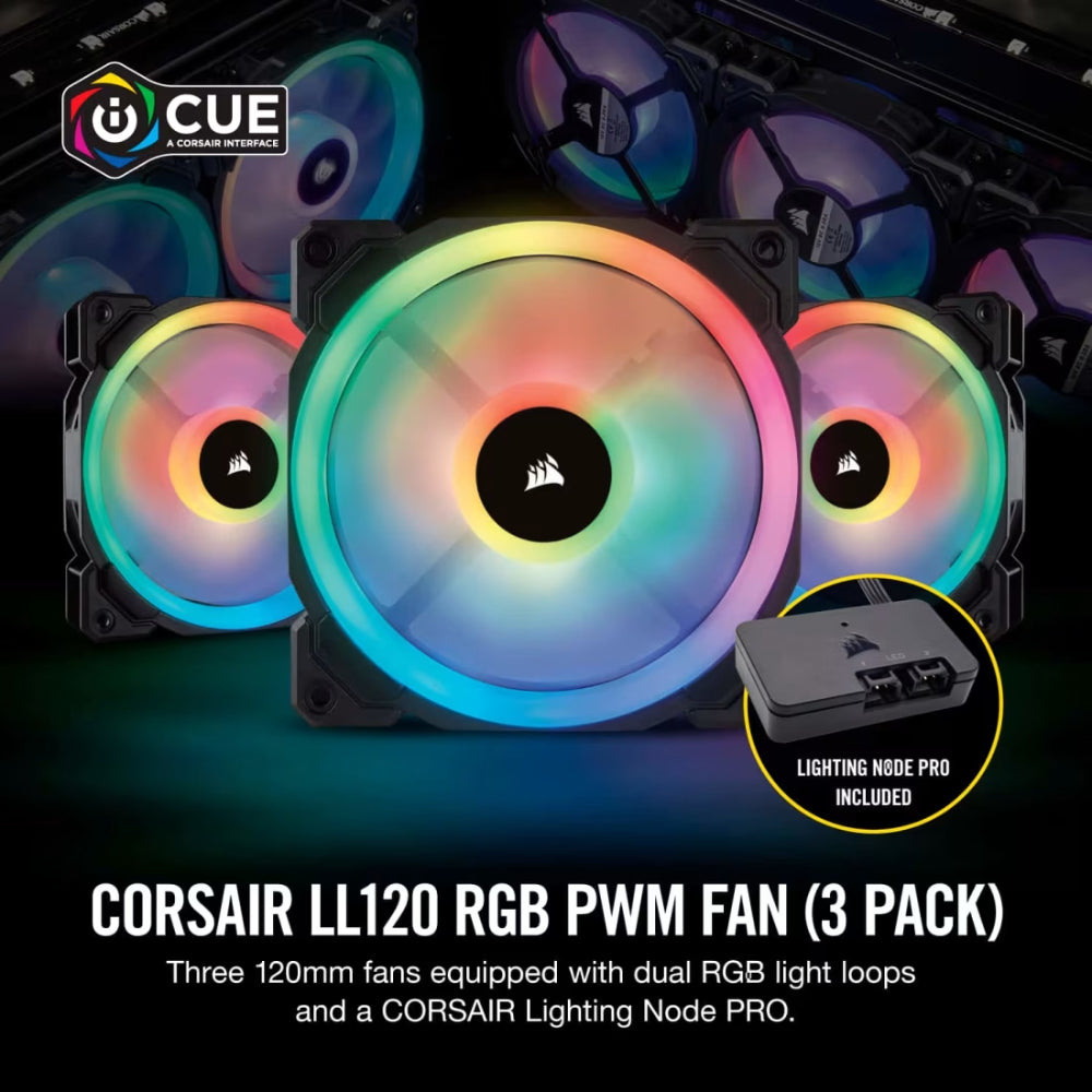Corsair LL120 RGB 120mm PWM Fan | Triple Pack with Lighting Node PRO | Vivid RGB & Quiet Cooling Control