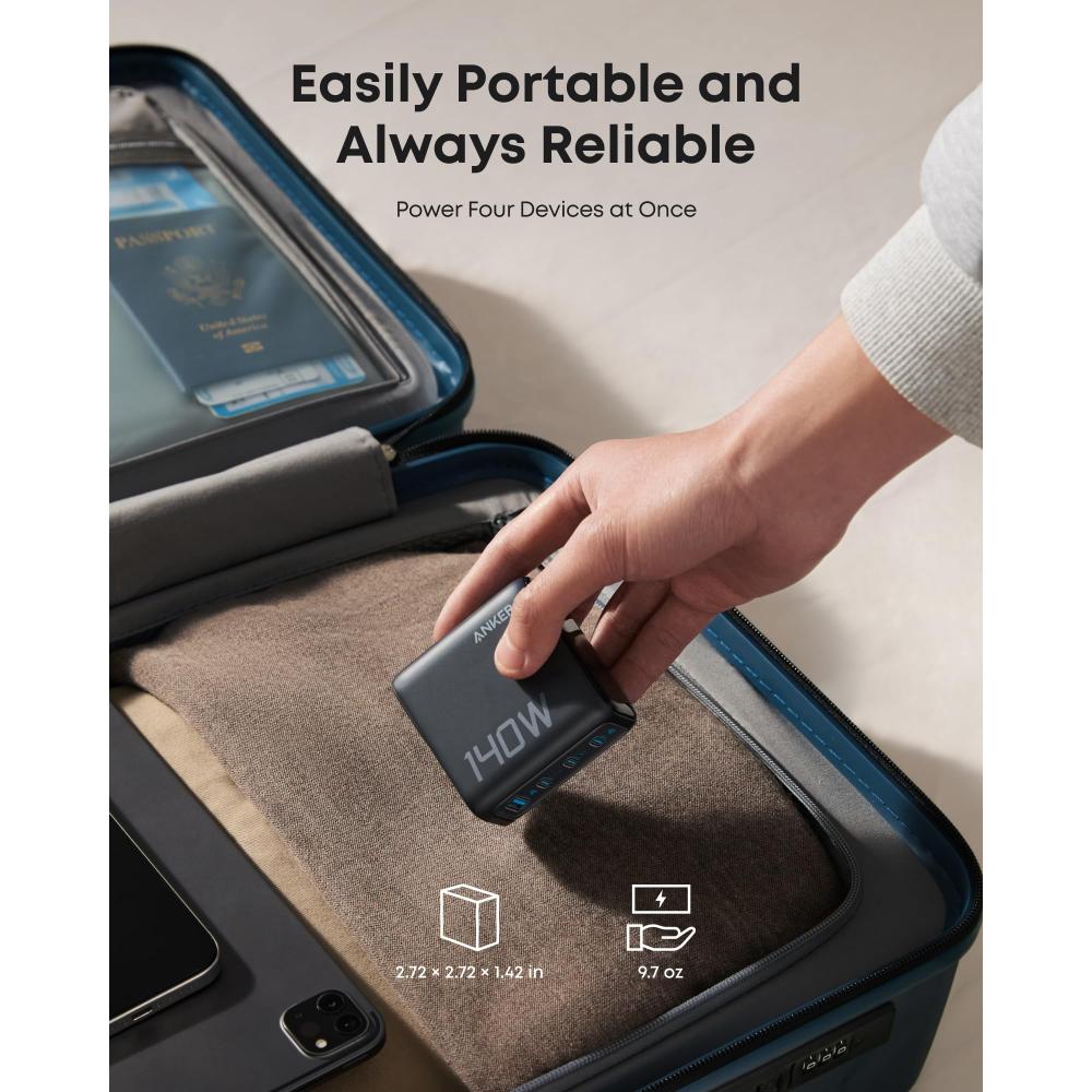 Anker B2697 | 140W GaN Charger | 4-Port | PD 3.1 | 3 × USB-C + 1 × USB-A | Includes USB-C Cable | Compact Design | For MacBook Pro, iPhone, Galaxy, iPad, USB-C Devices