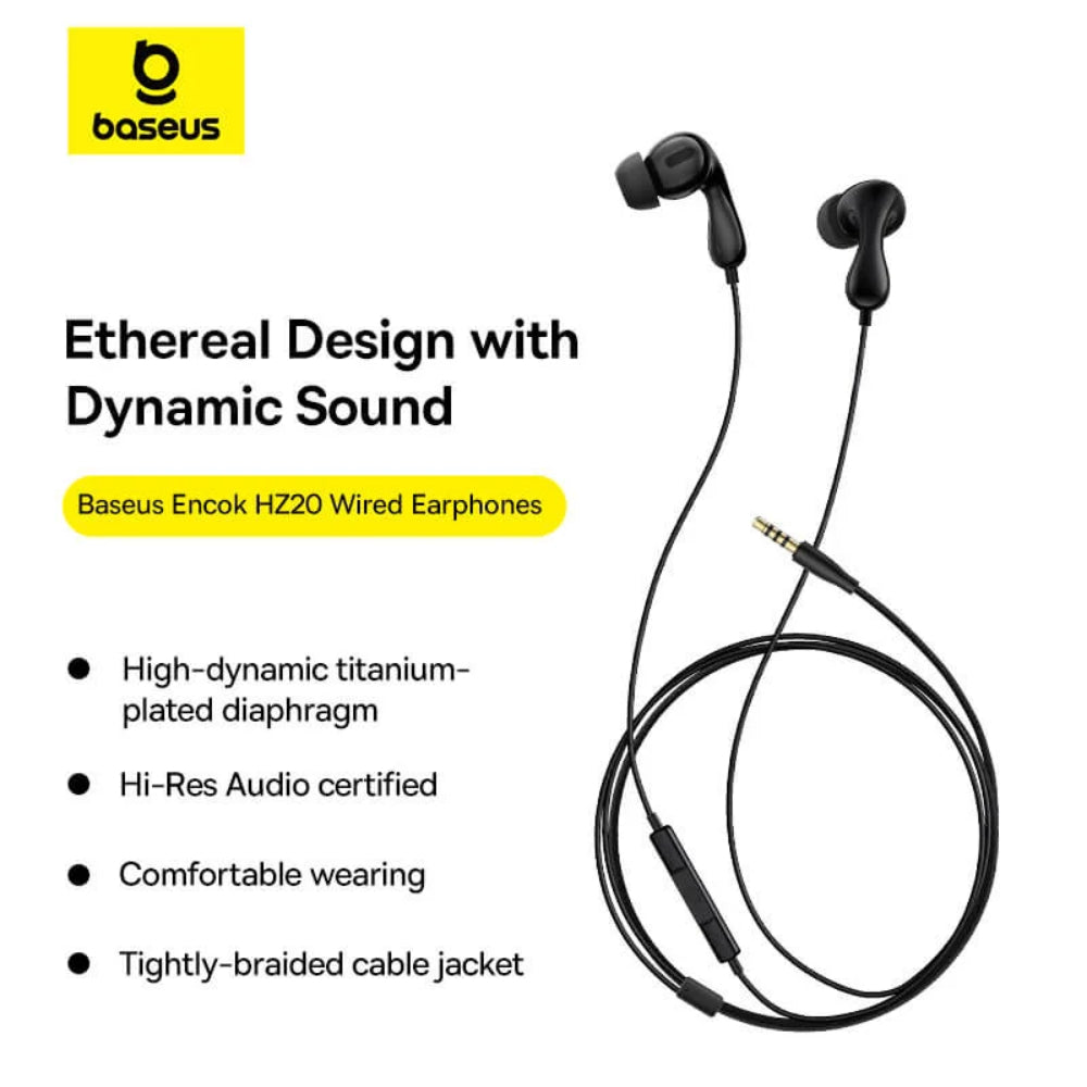 Baseus Encok HZ20 | 3.5mm Wired In-Ear Headset | Stereo Sound | In-Line Mic | Metal Housing | Ergonomic Fit | Tangle-Free Cable | Black / Silver | For Phones, Tablets, Laptops, Audio Devices with 3.5mm Jack