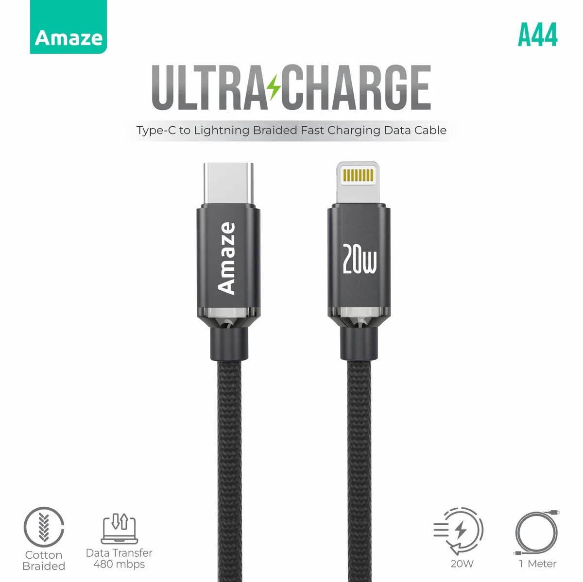 Amaze Ultra Charge A44 | Type-C to Lightning Cable (20W PD, 1m, Fast Charging, Braided, Apple-Compatible)
