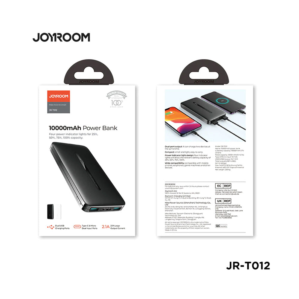 Joyroom JR‑T012 | 10000 mAh Power Bank | Dual USB 2.1 A Output | Slim Flame‑Retardant Shell | Black / White