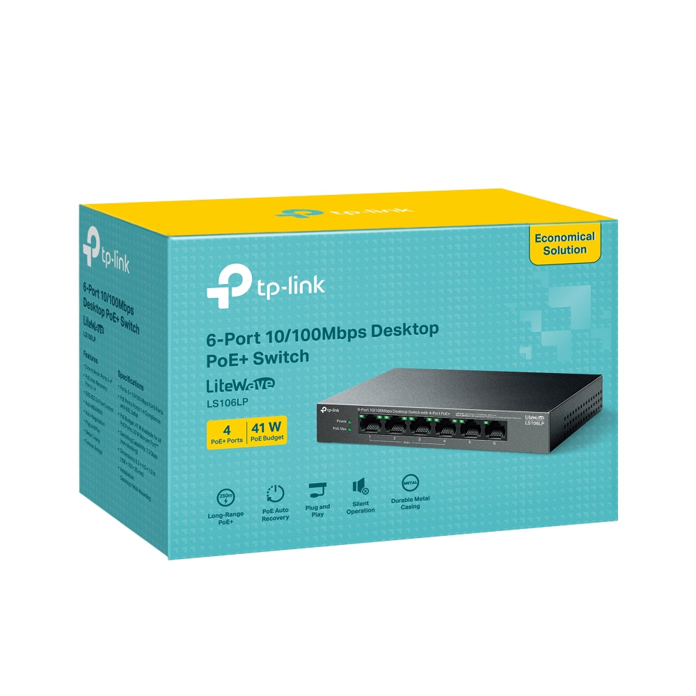 TP-Link LS106LP 6-Port 10/100Mbps Desktop Switch with 4-Port PoE+ | Smart Power Delivery, Long-Range PoE, and Silent Operation