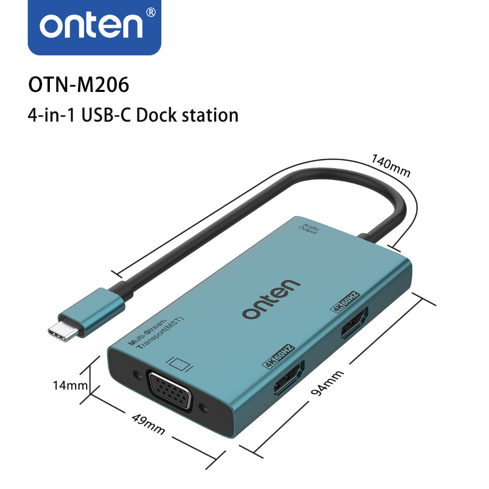 Onten M206 | 4-in-1 USB-C to Dual HDMI + VGA + 3.5mm Audio Hub | 4K@60Hz HDMI | MST + SST Support | Plug & Play | For MacBook, Surface, Dell XPS, HP Spectre, USB-C Laptops/Tablets