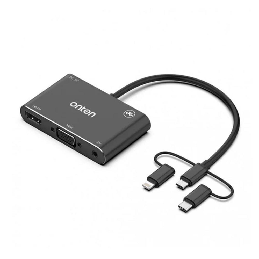 Onten OTN-7585B | Type-C + Micro USB + Lightning to HDMI + VGA + AV Converter | 2K Output | Audio + Video Casting | Plug & Play | For Android, iOS, USB-C Phones/Tablets