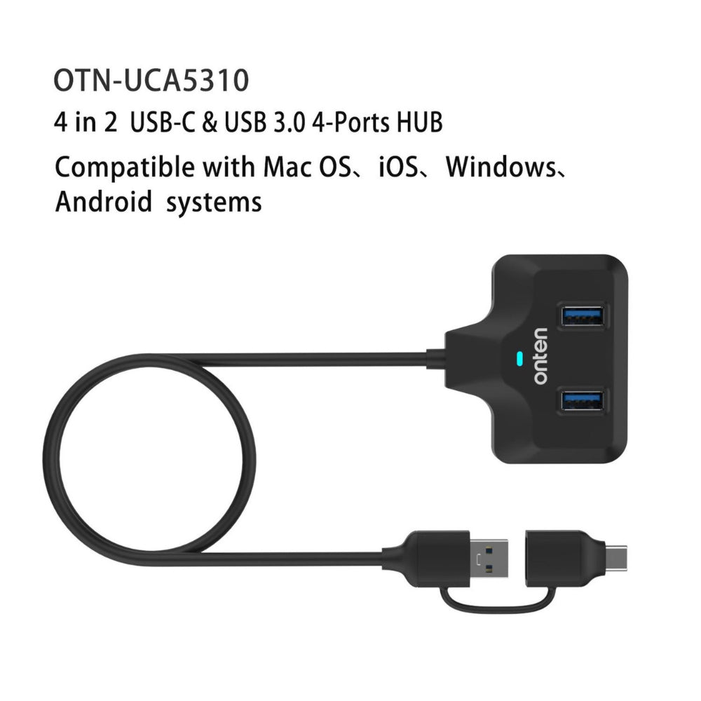 Onten OTN-UCA2310 | 4-in-2 USB-C / USB-A Hub | USB 3.0 × 4 | Dual Input | 5Gbps Transfer | Plug & Play | For MacBook, Surface, Dell XPS, HP Spectre, PCs, Smart TVs