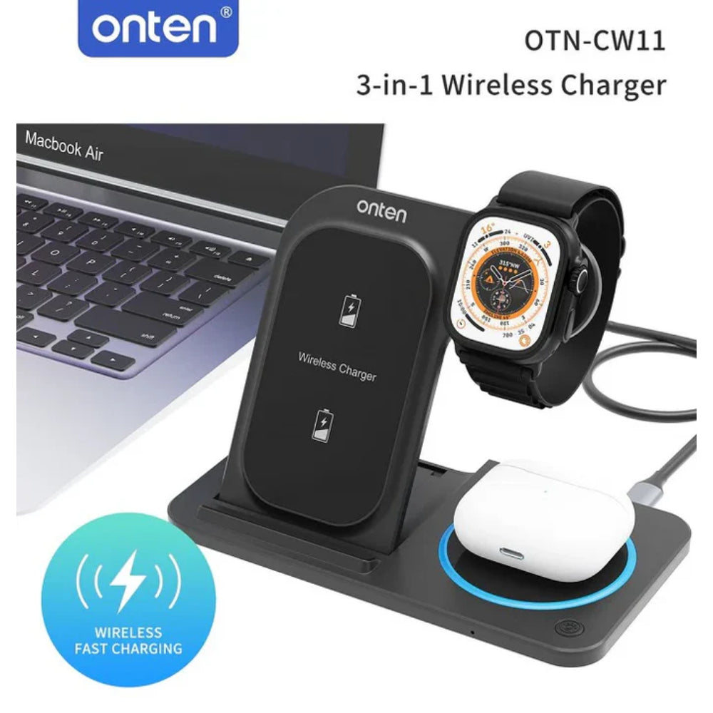Onten OTN-CW11 | 3-in-1 Wireless Charging Stand | 15W Fast Charging | Qi 1.2 Certified | USB-C Input | For iPhone, Apple Watch, AirPods, Android Phones