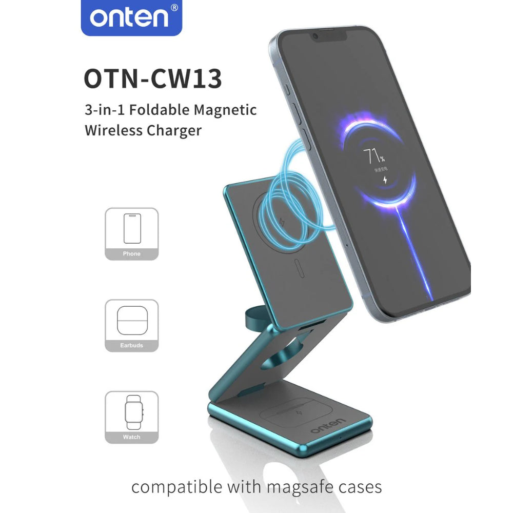 Onten OTN-CW13 | 3-in-1 Foldable Wireless Charging Bracket | 15W Fast Charging | Qi Certified | USB-C Input | For iPhone, Apple Watch, AirPods, Android Phones