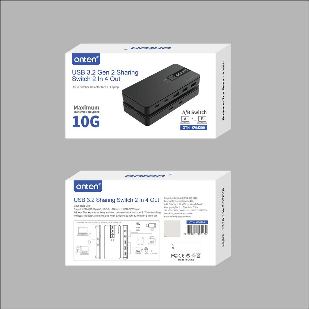 Onten KVM200 | USB 3.2 Gen 2 Sharing Switch | 2 Computers Share 4 USB Ports | 10Gbps Transfer Speed | USB-A + USB-C Output | Manual A/B Selector | LED Indicators | For PC, Laptop, Keyboard, Mouse, Printer, HDD