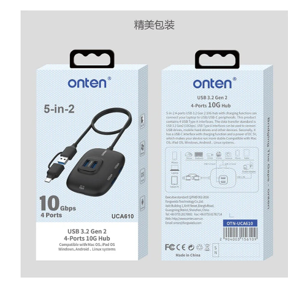 Onten UCA610 | USB 3.1 Gen1 10G Hub | 4× USB 3.0 Ports | 10Gbps Transfer Speed | Overcurrent Protection | Plug & Play | For Laptops, Desktops, MacBook, Surface, USB-A Devices