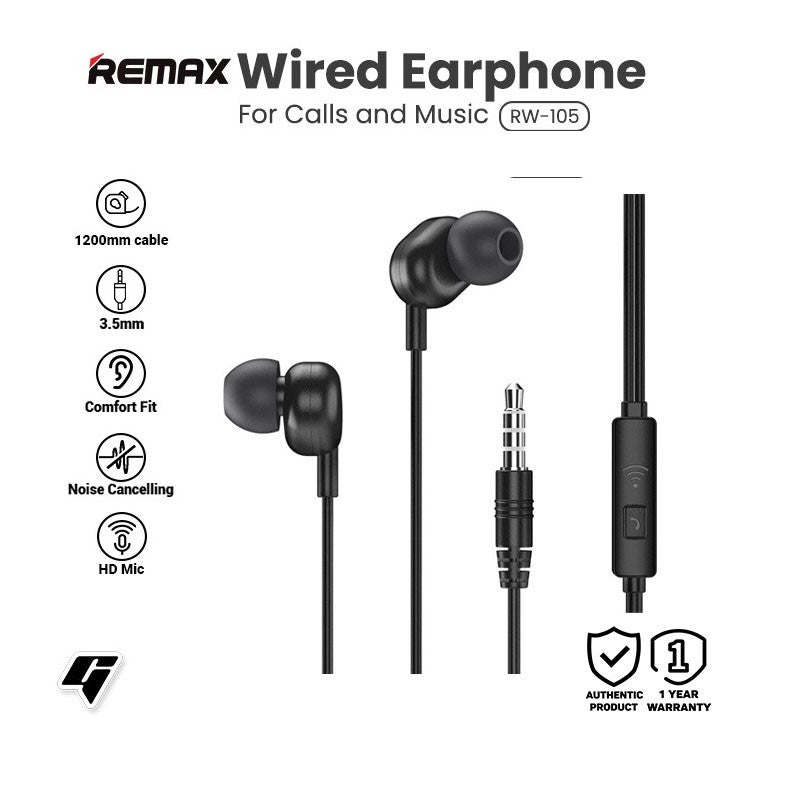 Remax RW-105 Stereo Handsfree | 3.5mm Wired Earphones with Mic