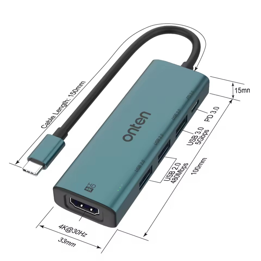Onten UC123 | 5-in-1 USB-C Docking Station | HDMI + USB 3.0 HUB | 5V Input