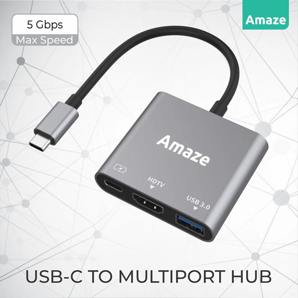 Amaze A313 | 3-in-1 Type-C Hub Adapter | 4K HDMI, USB 3.0 5Gbps, PD 100W Charging, Space Gray