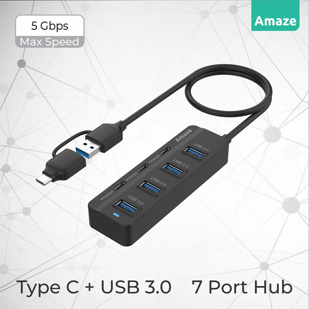Amaze A327 | 7-Port USB 3.0 Hub with Type-C Input | High-Speed 5Gbps, Compact Plug & Play Design