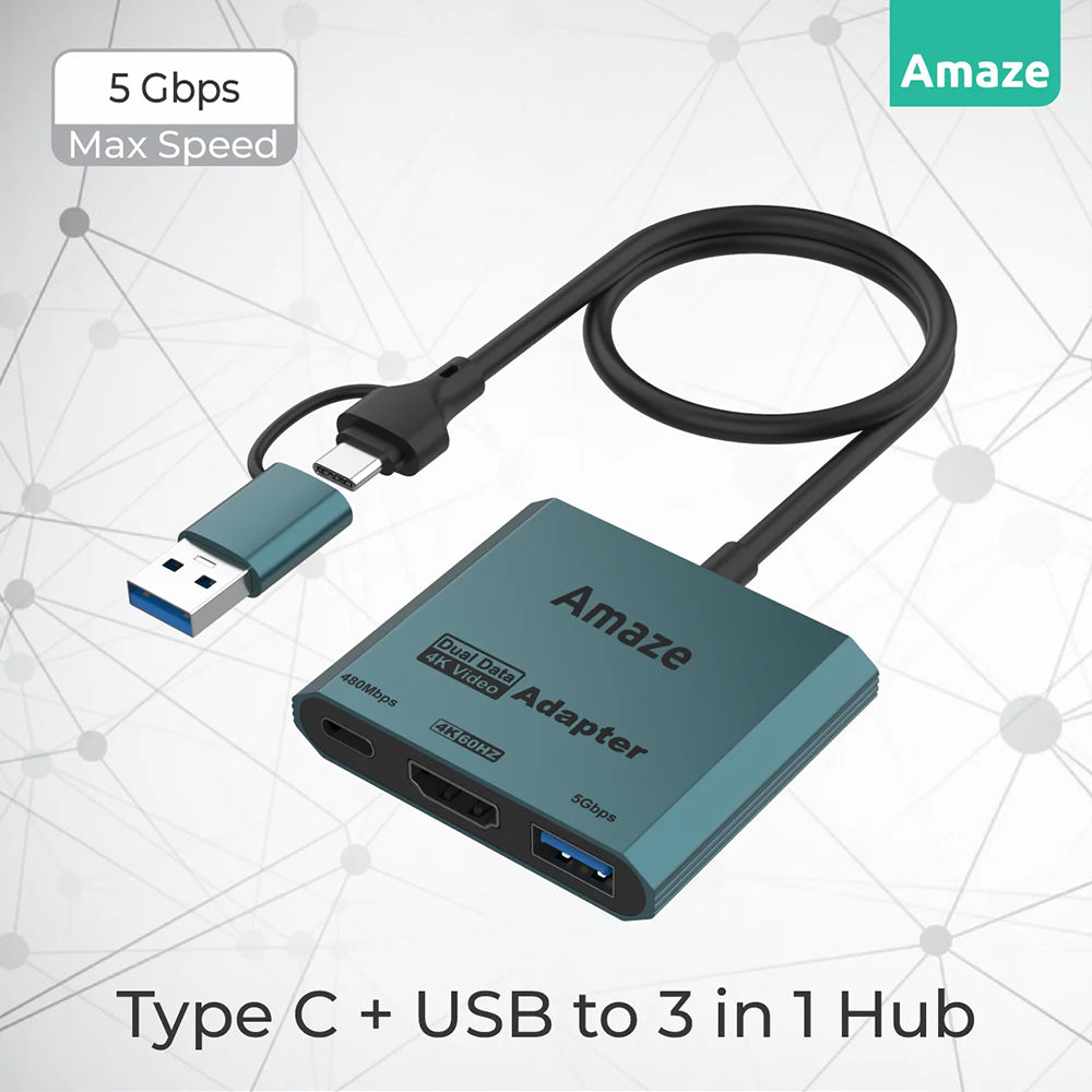 Amaze A315 | Type-C + USB to 3-in-1 Hub | 4K@60Hz HDMI, USB 3.0 5Gbps, Type-C Charging