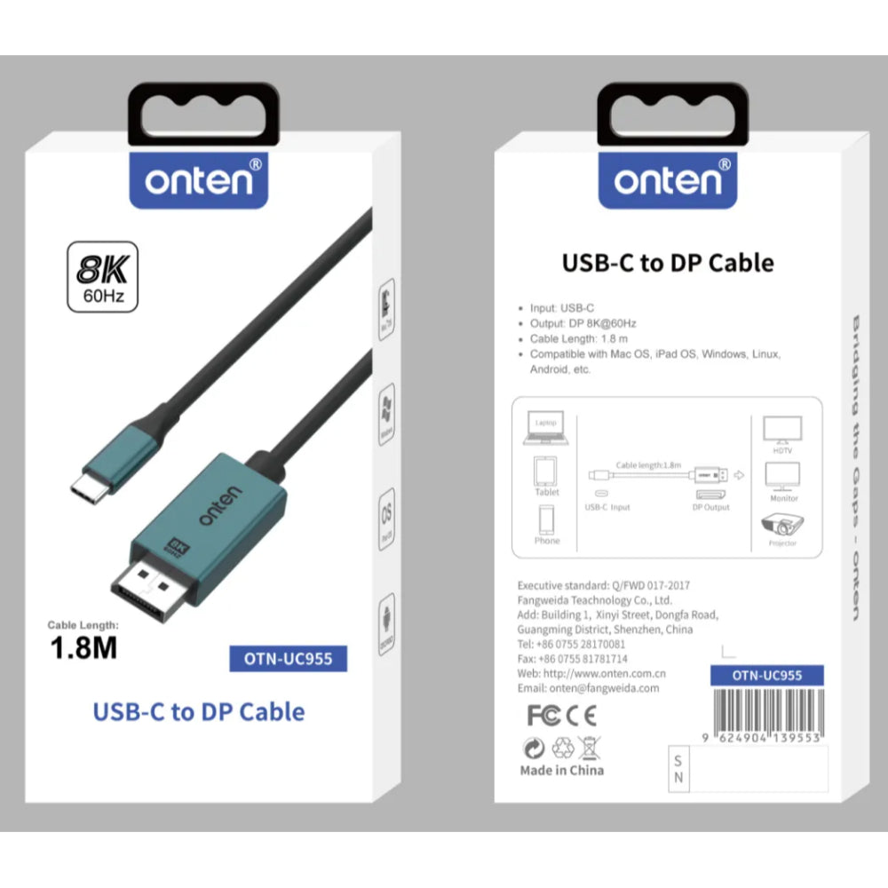 Onten OTN-UC955 | USB-C to DisplayPort Cable | 8K@60Hz | DisplayPort 1.4 | Plug & Play | For MacBook, Surface, Dell XPS, USB-C Laptops/Tablets/Phones