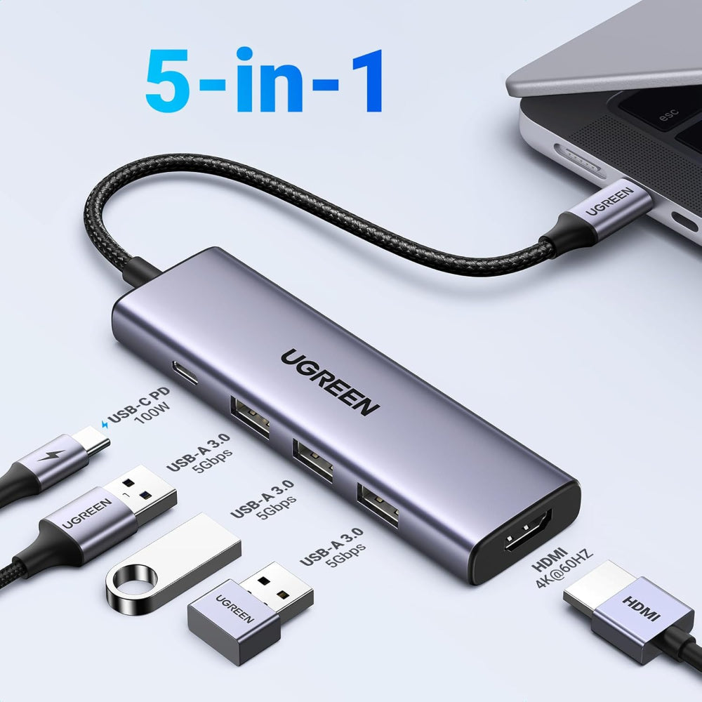 UGREEN 15597 | 5-in-1 USB-C Hub | 4K@60Hz HDMI | 100W PD Charging | 3 × USB-A 3.0 | Compact Aluminum Design | For MacBook, Laptop, Tablet, PC
