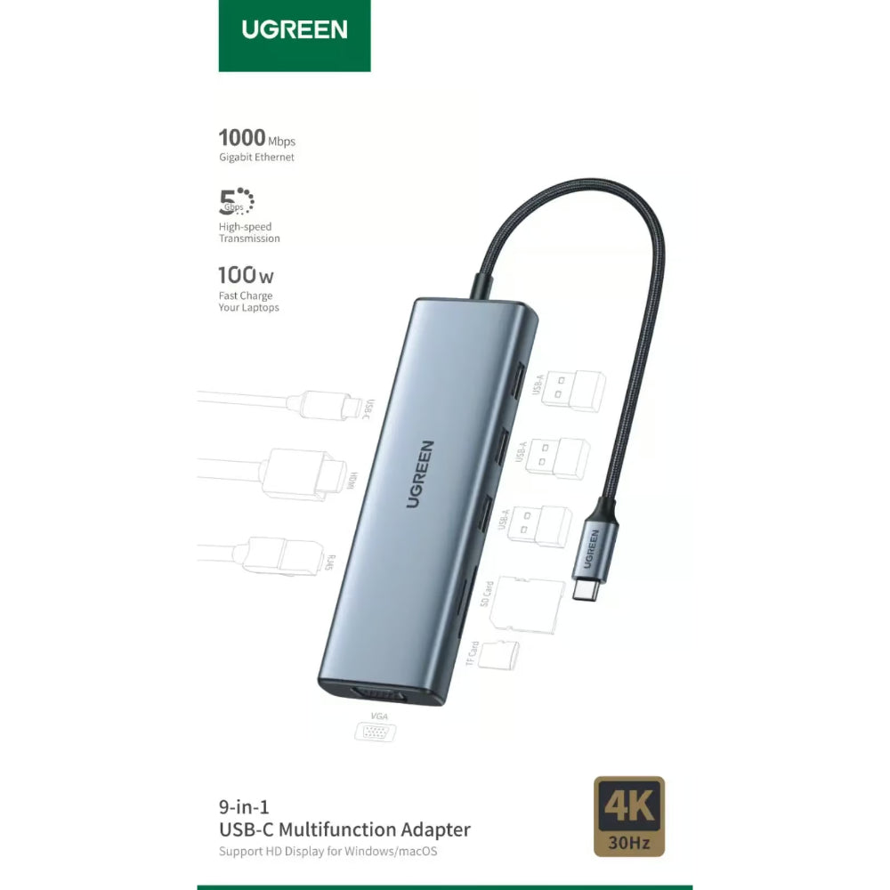 UGREEN 15600 | 9-in-1 USB-C Multifunctional Docking Station | 4K HDMI | 100W PD | Gigabit Ethernet | SD/TF Card Reader | USB 3.0 | Compact Design