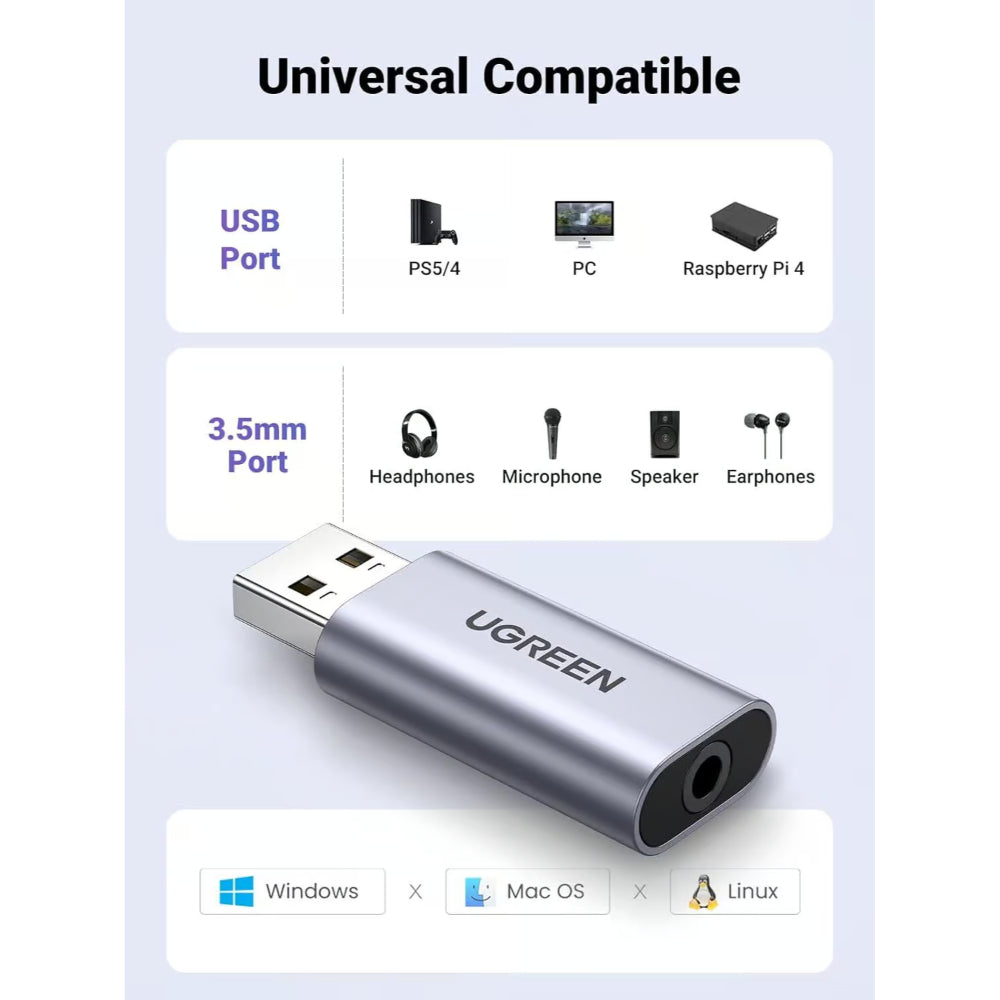 UGREEN 80864 | USB-A to 3.5mm Audio Adapter | External Sound Card | TRRS 4-Pole Combo Jack | Plug & Play | For Headset, Speaker, Microphone | For PC, Laptop, PS4, PS5, Mac