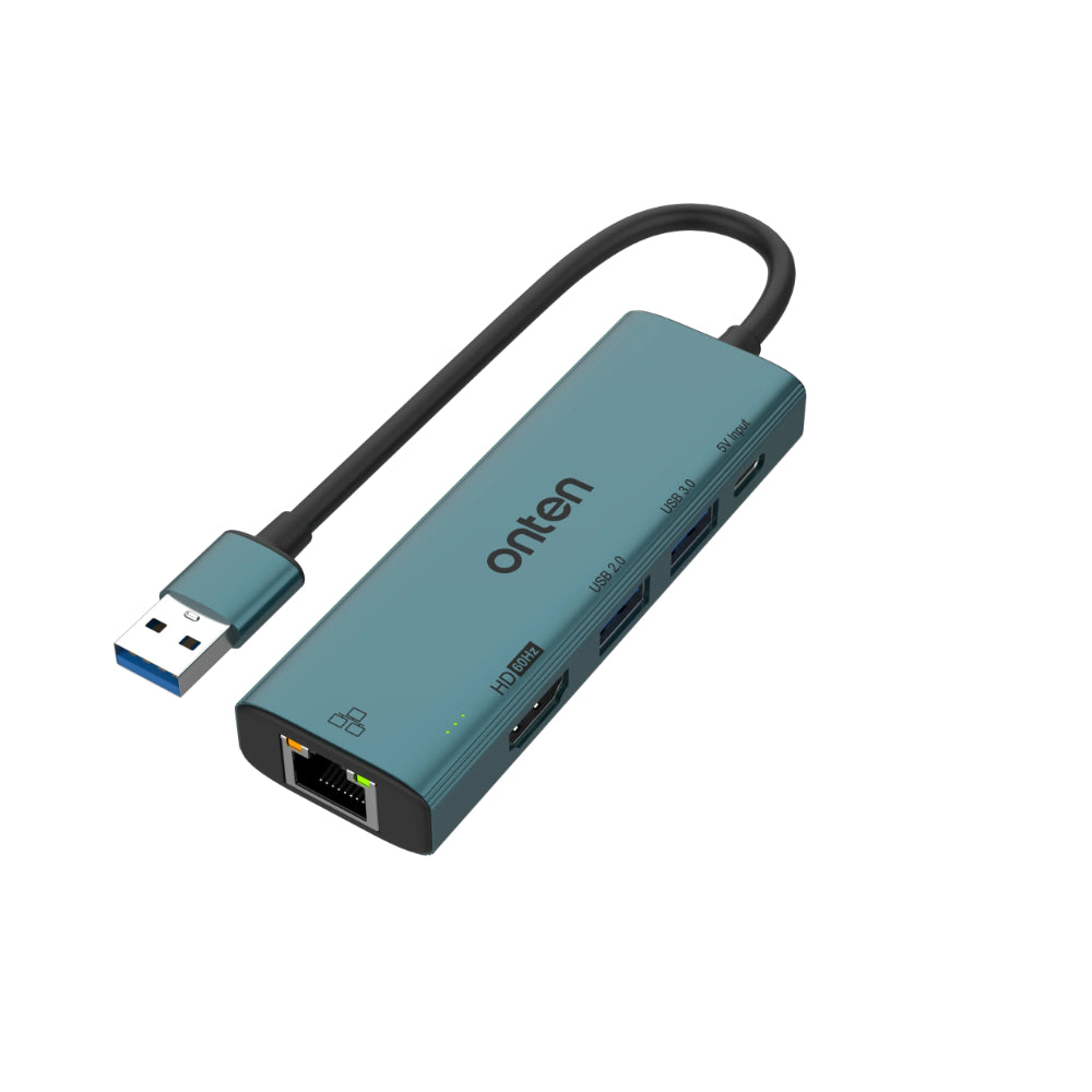 Onten OTN-US125 | 5-in-1 USB Hub | HDMI + RJ45 + USB 3.0 + USB 2.0 + Type-C Input | 1080p Output
