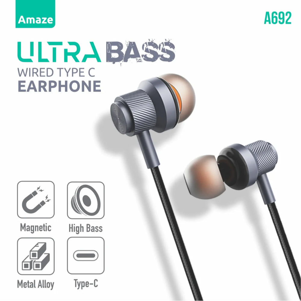 Amaze A692 | Ultra Bass Wired Type-C Handsfree with Magnetic Buds | Mic, In-Line Controls & Tangle-Free Cable