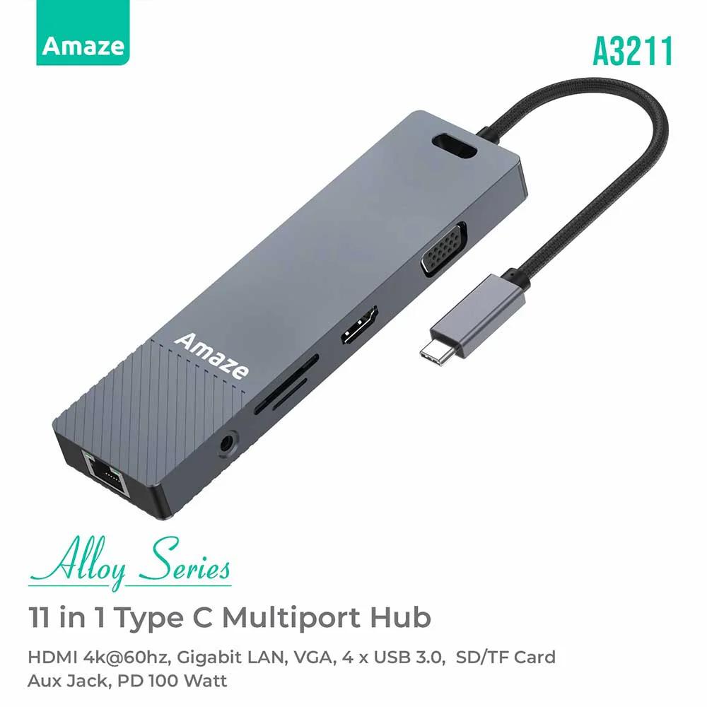 Amaze A3211 Alloy Series 11-in-1 Multiport Hub | HDMI 4K, VGA, Gigabit LAN, PD 100W, USB 3.0 & Audio | Premium Aluminum Build