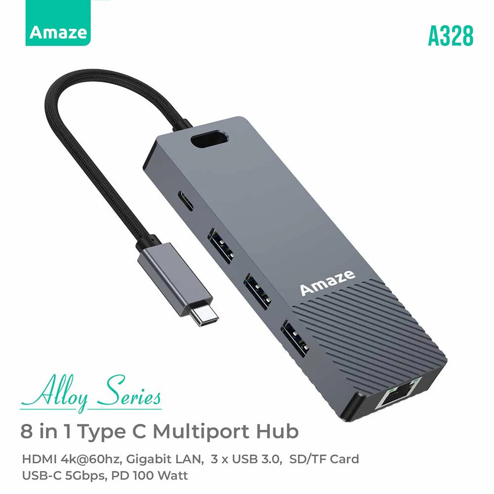 Amaze A328 | Alloy Series 8-in-1 Multiport Hub | HDMI 4K@60Hz, Gigabit LAN, 3x USB 3.0, PD 100W, SD/TF Card Reader