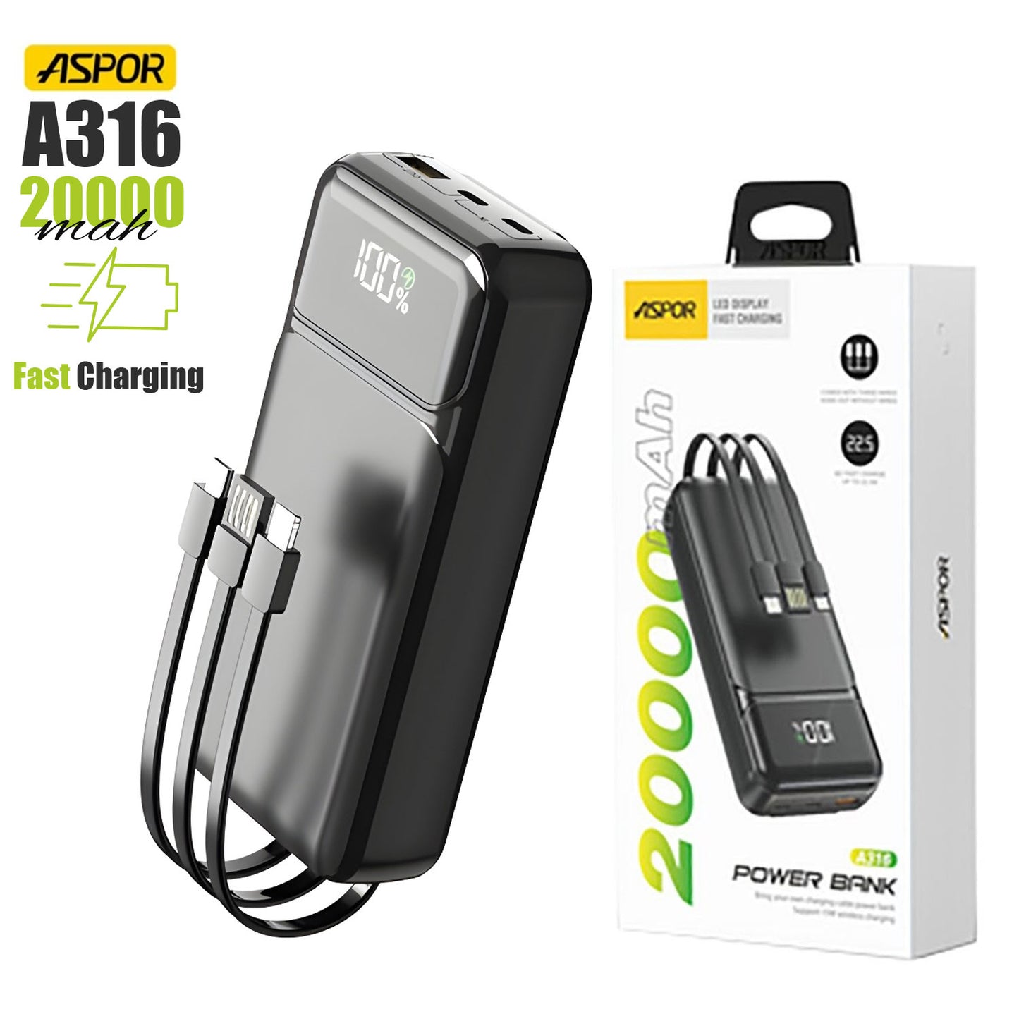 Aspor A316 20000mAh Power Bank | 22.5W Fast Charging Built-in Cable | Black