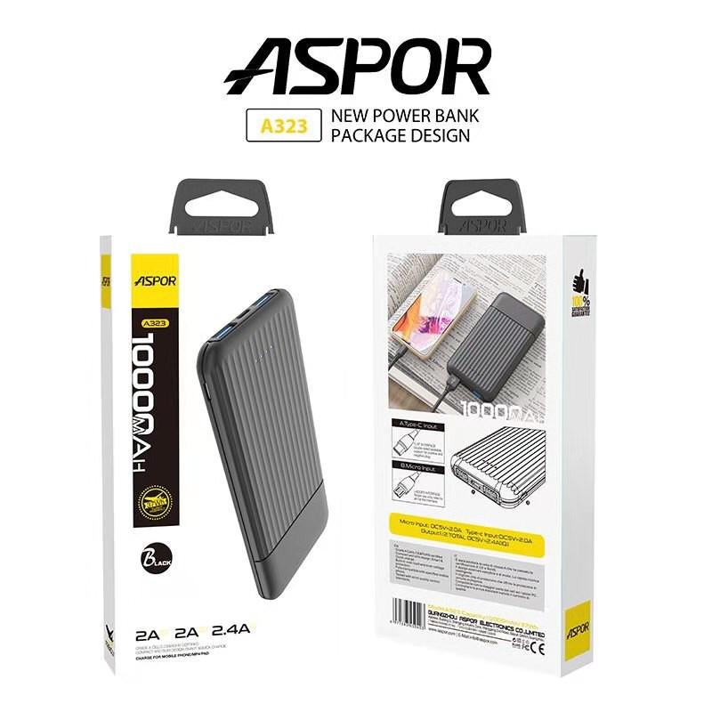 ASPOR A323 | 10000 mAh Dual‑USB Power Bank with Soft‑Touch Shell & LED Indicator | Black