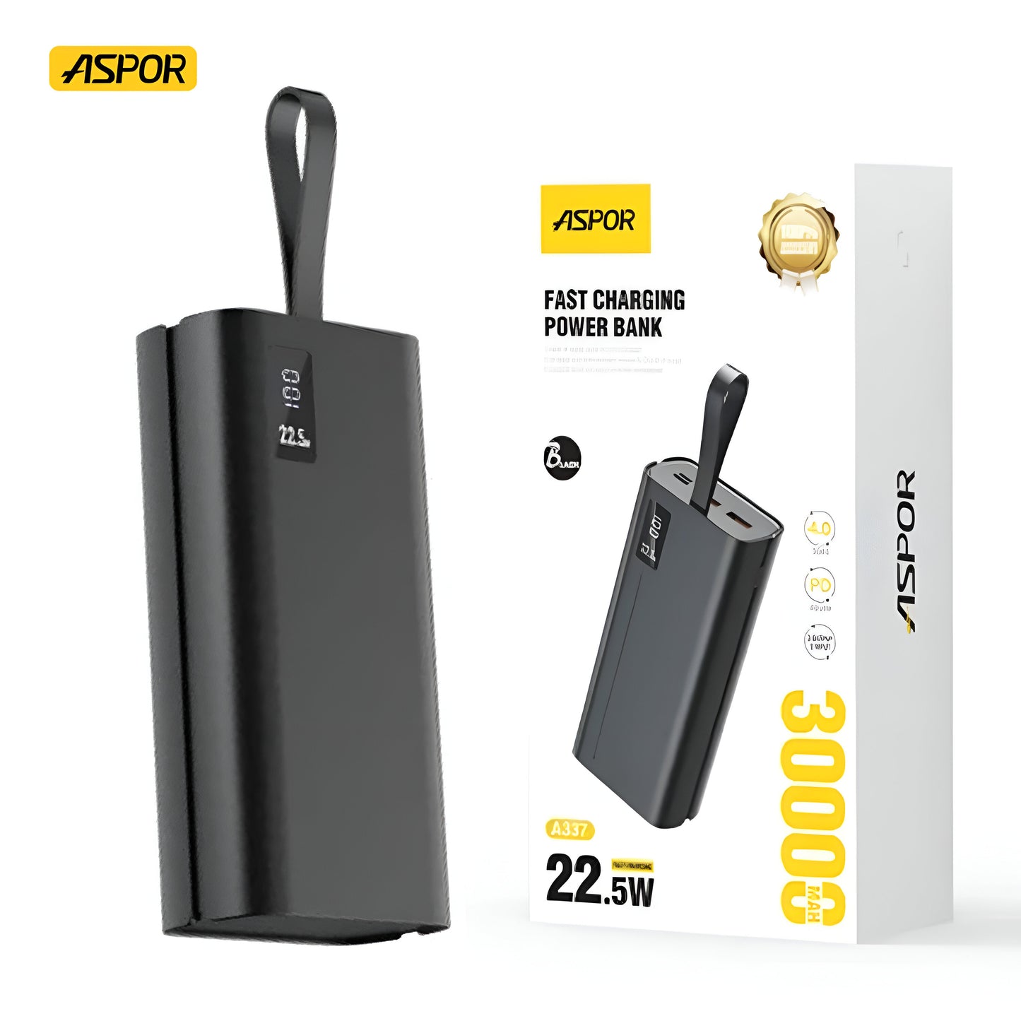 ASPOR A337 | 30000mAh 22.5W PD Fast Charge Power Bank with LCD Display | Black