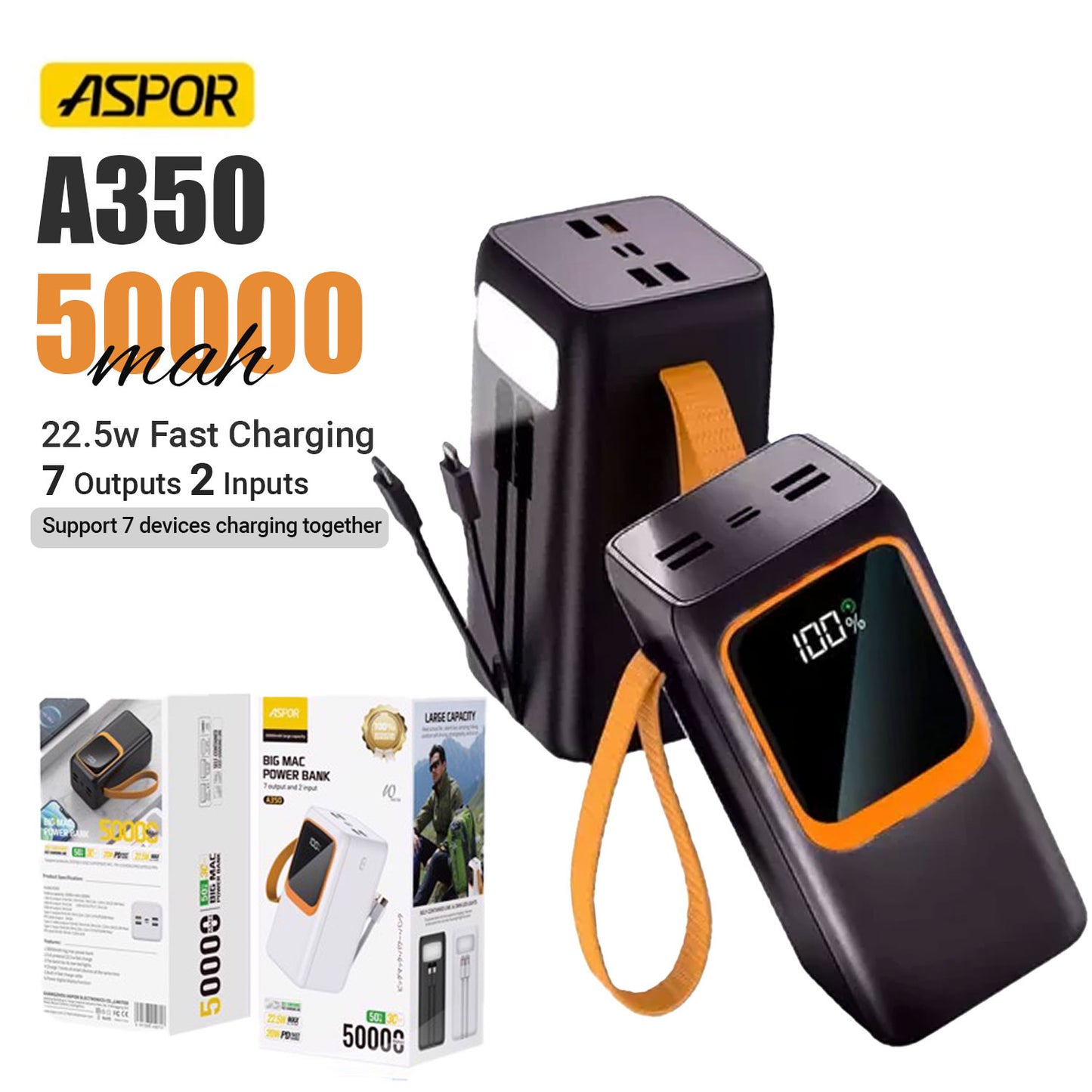 ASPOR A350 | 50000 mAh Power Bank | 22.5 W Super‑Fast Charge, 7 Outputs, Built‑in Flashlight & LED Display | High‑Capacity Portable Charger