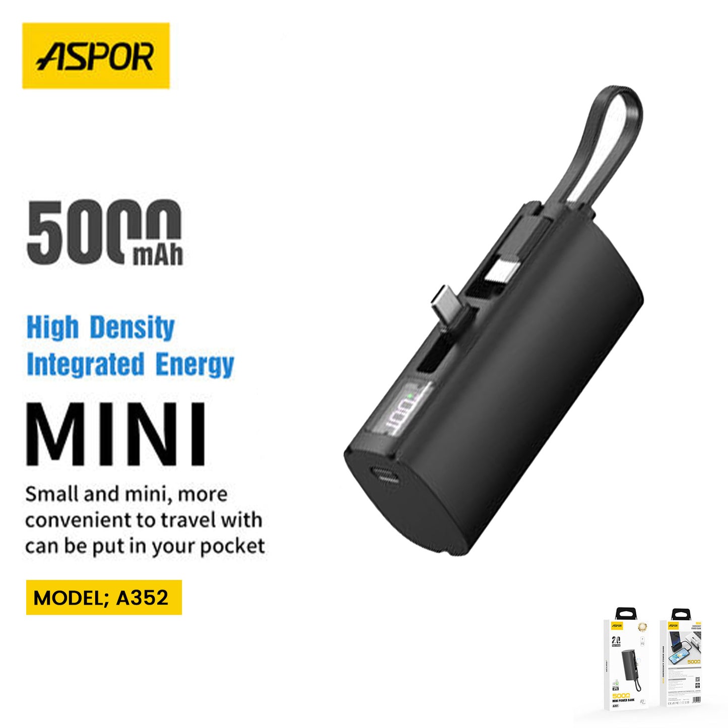 ASPOR A352 | 5000 mAh Mini Power Bank with Dual Built‑in USB‑C Cables, 20 W PD Fast Charge | Pocket‑Size