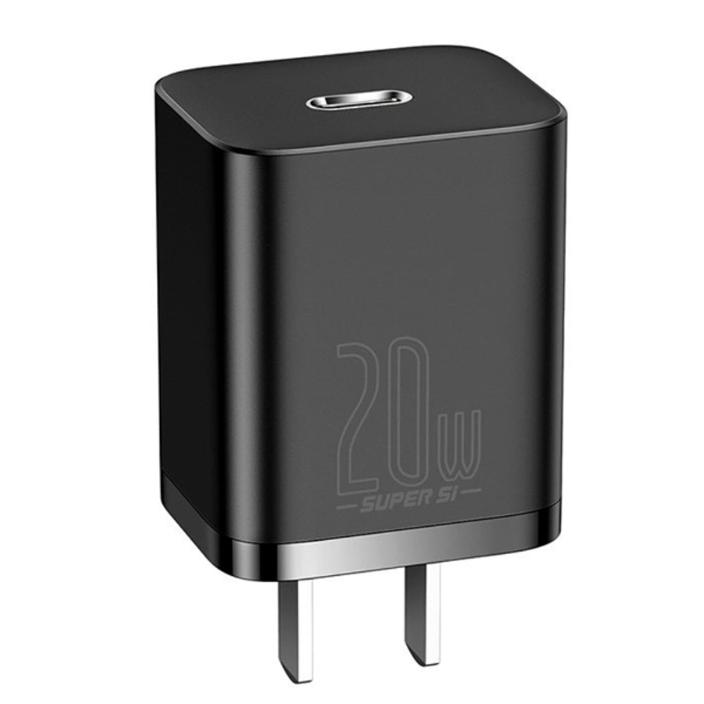 Baseus Super Si Series | 20W PD Quick Charger | USB-C Output | Compact Design | Super Si Technology | US Plug | Includes USB-C to Lightning Cable | 1 Meter | Model TZCCSUP-A01