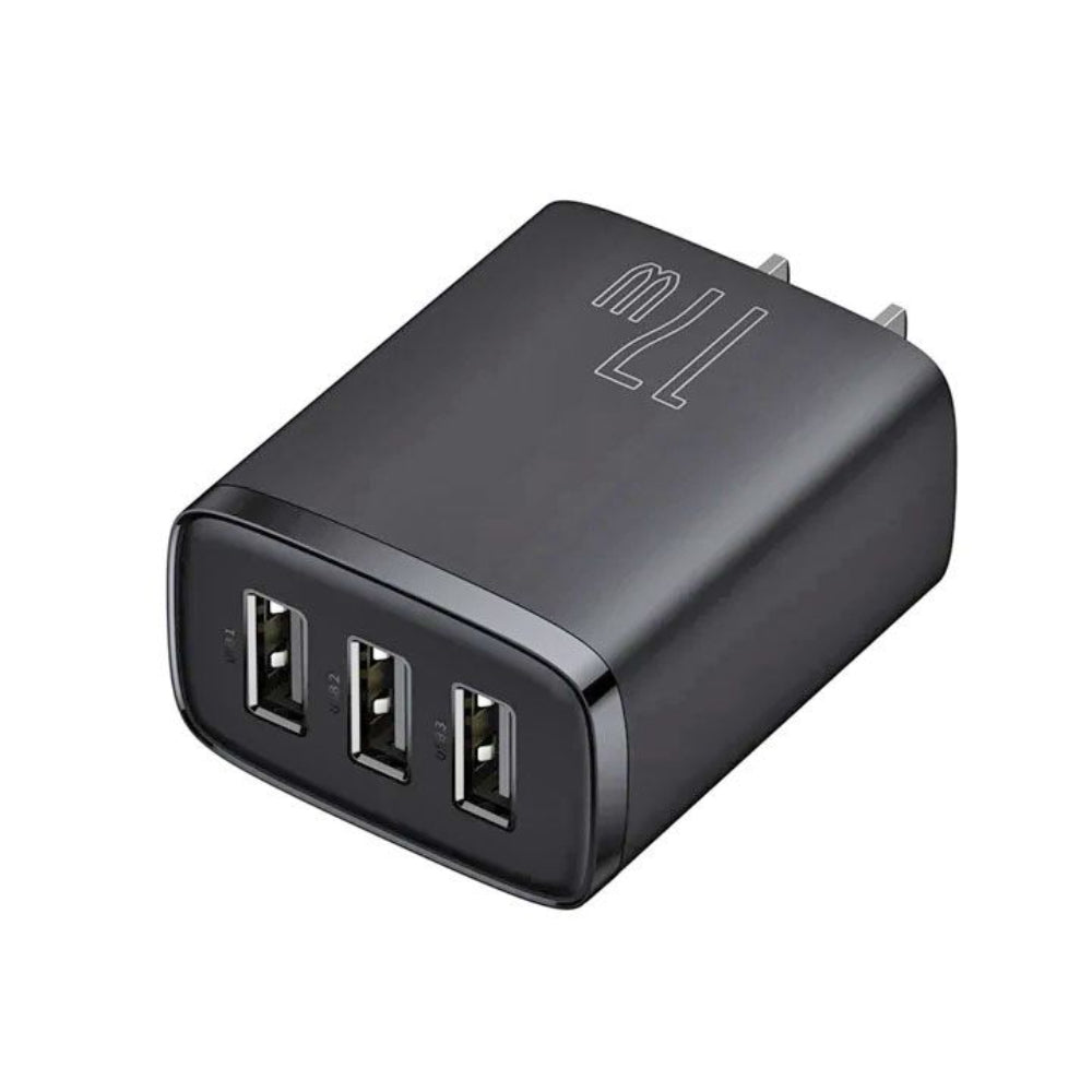 Baseus Compact Series | Triple USB-A Charger | 17W Total Output | 3 × USB-A Ports | EU Plug | Compact Design | Black | For Phones, Accessories, Low-Power Devices