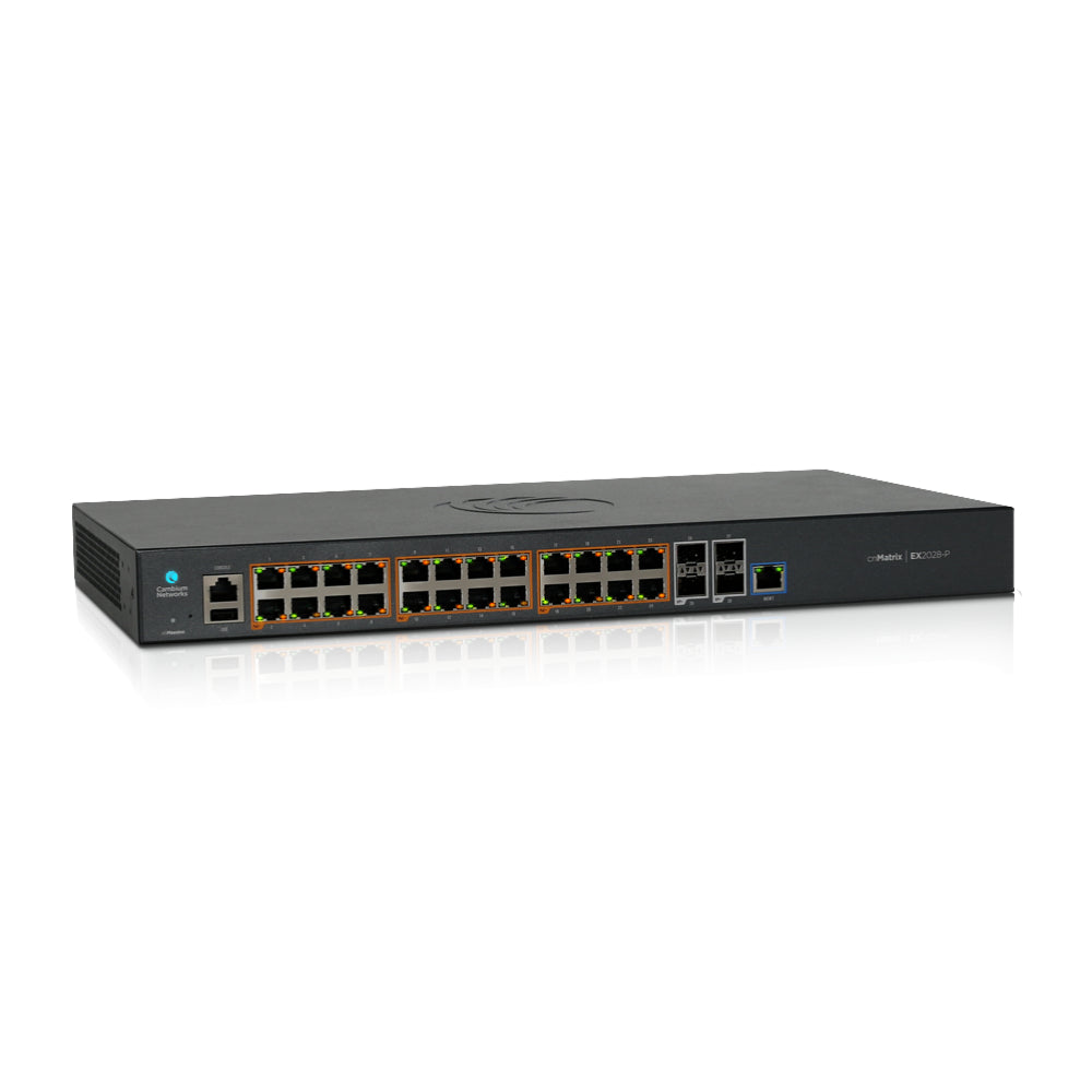 Cambium Networks cnMatrix EX2028-P | 24× Gigabit PoE+ Ports | 4× SFP Uplinks | Layer 2/3 Managed Switch | 370W PoE Budget | cnMaestro Integration | Enterprise-Grade Unified Wired/Wireless Network Core