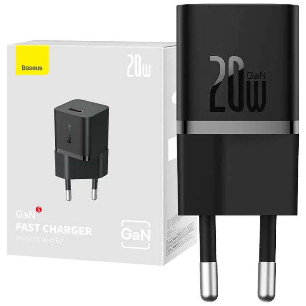 Baseus GaN5 Series | Mini Fast Charger | Single USB-C Port | 20W PD Output | GaN5 Technology | Compact Design | EU Plug | Black | For Phones, Tablets, USB-C Accessories