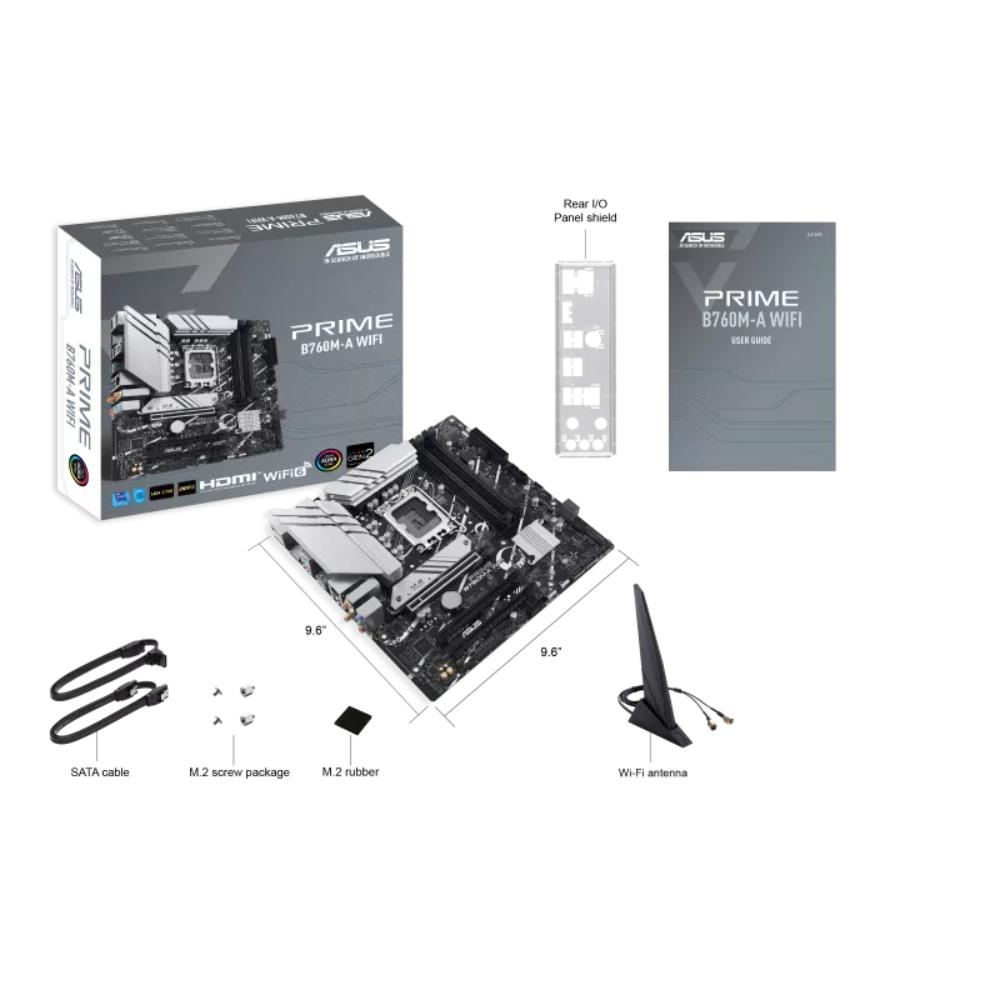 ASUS Prime B760M-A WIFI Motherboard | Intel B760 | LGA 1700 | mATX | DDR5 | Wi-Fi 6 | 2.5Gb Ethernet | PCIe 4.0 | 2× M.2 | HDMI | DisplayPort | USB Type-C | Aura Sync