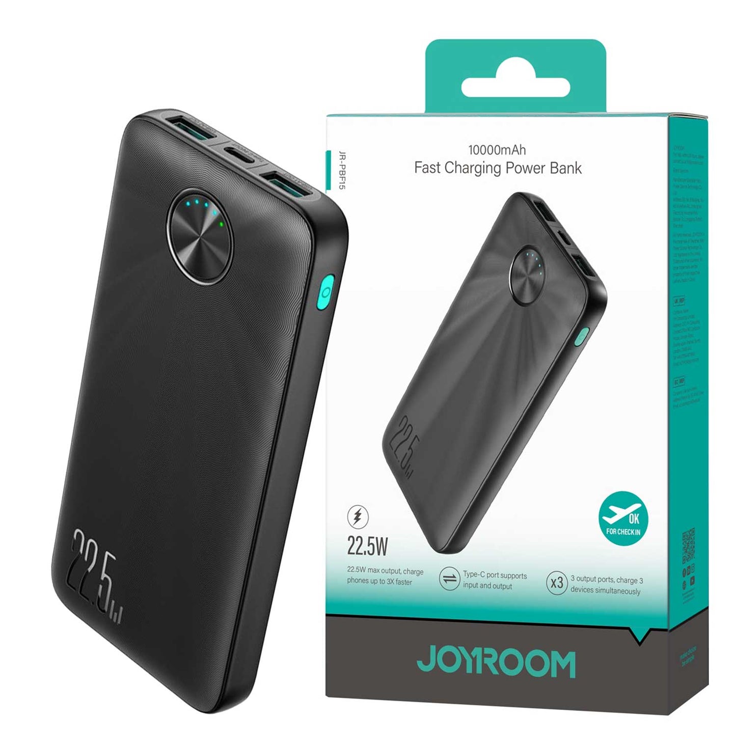 Joyroom JR‑PBF15 | 10000 mAh Power Bank | 22.5 W LED Fast Charge | 3 Ports & Type‑C In/Out | Ultra‑Slim
