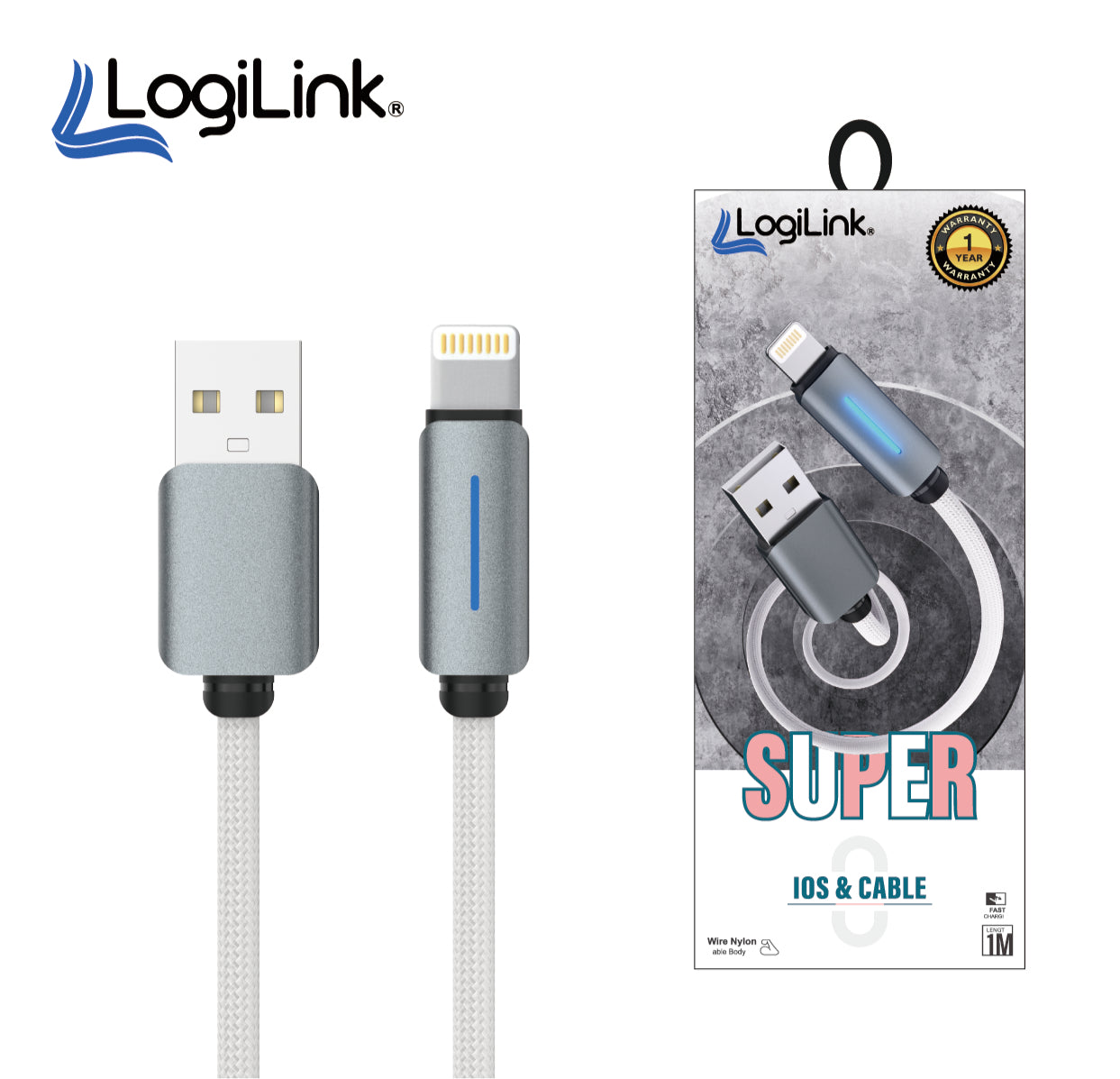 LogiLink USB to Lightning Nylon Fast Charging Data Cable | 1M, USB 3.1, Nylon Braided