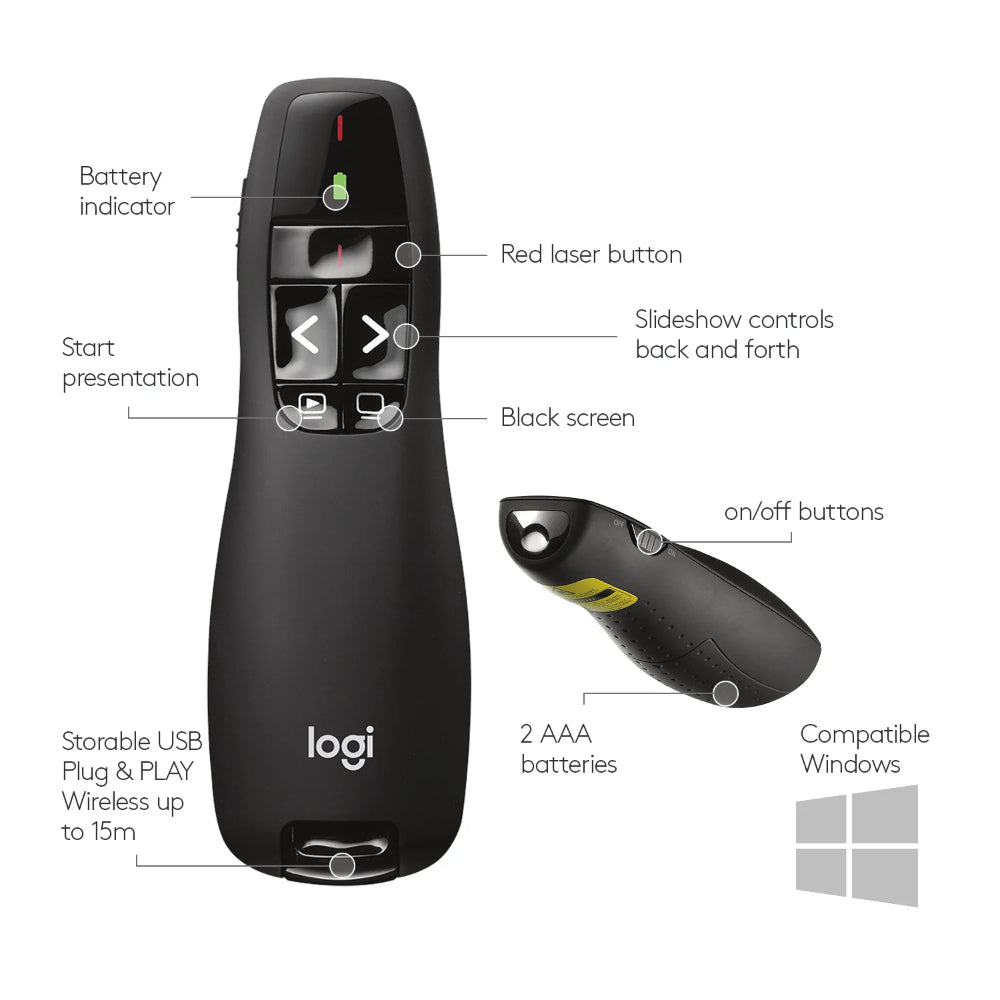 Logitech R400 Wireless Laser Presentation Remote | 2.4GHz Wireless | Red Laser Pointer | Plug-and-Play USB Receiver | Ergonomic Design