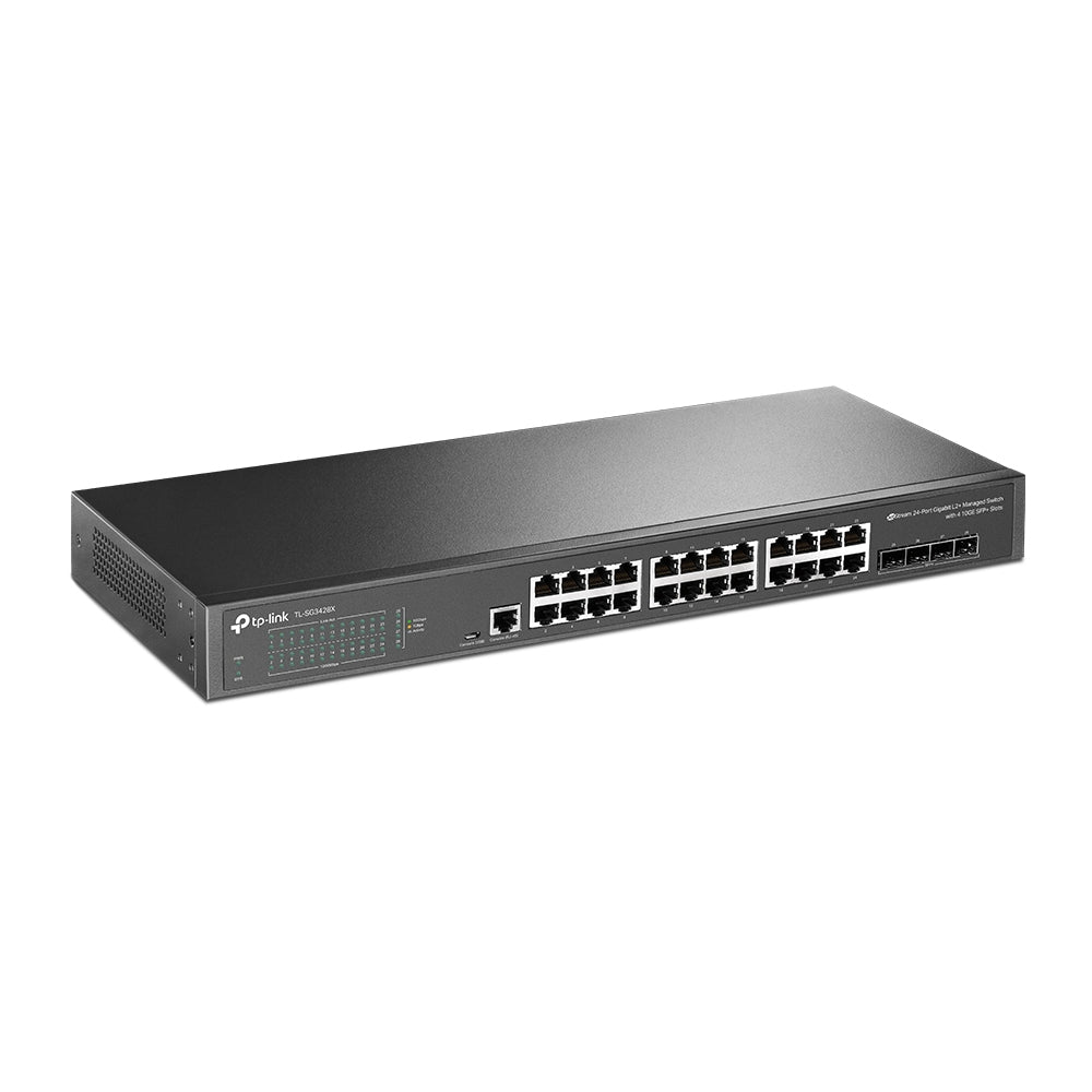 TP-Link TL-SG3428X JetStream 24-Port Gigabit L2+ Managed Switch with 4× 10GE SFP+ Slots | 10G Uplinks, Omada SDN Integration, and Enterprise-Grade Layer 2+ Control