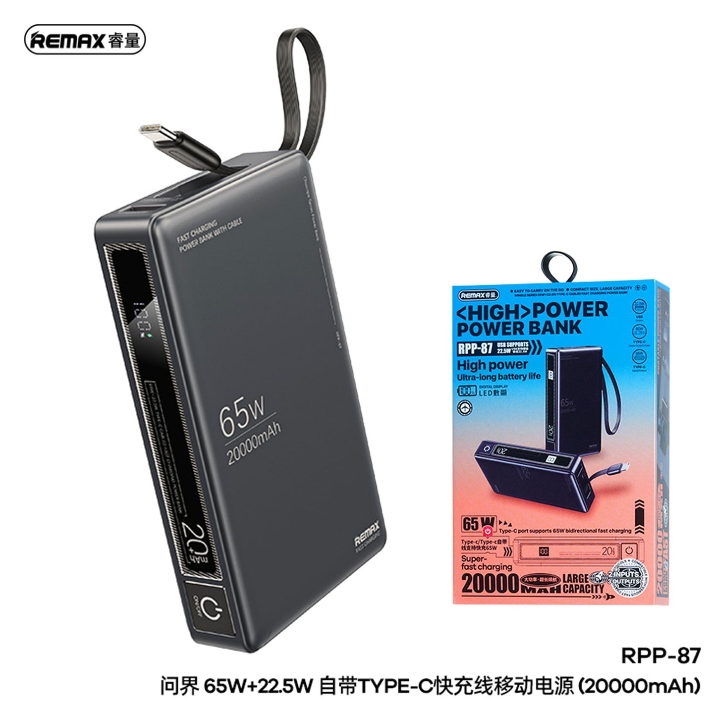 Remax RPP-87 Wingle Series Power Bank | 20000mAh 65W + 22.5W Fast Charging for Laptop & Mobile | Gray