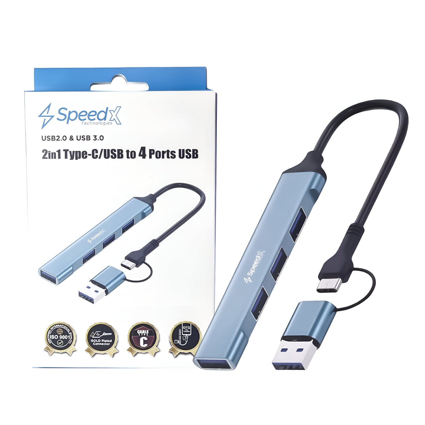 Speed-X USB Hub 4-Port 2-in-1 | Type-C & USB-A | High-Speed 5Gbps | Plug & Play