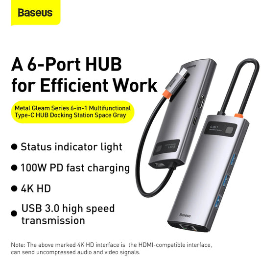 BASEUS Metal Gleam Series | 6‑in‑1 Multiport Hub – Model CAHUB‑CWOG