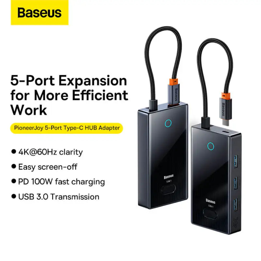 Baseus PioneerJoy Series | 5-Port USB-C HUB Adapter | 100W PD Input | 4K HDMI | USB-C Data + 2 × USB-A | Compact Design | Aluminum Alloy | Space Gray | For Laptops, Tablets, USB-C Devices