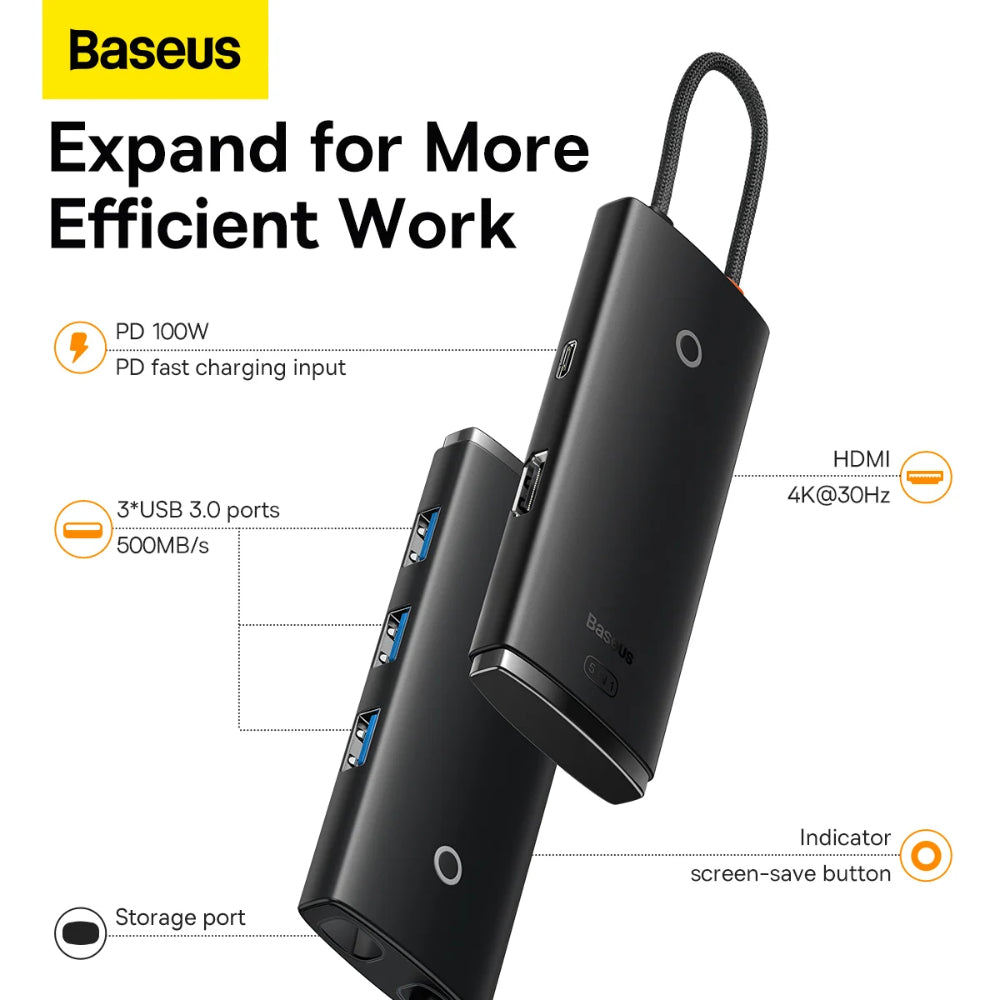 Baseus Lite Series | 5-in-1 Type-C Hub (HDMI + USB3.0 ×3 + Type-C PD, Black)
