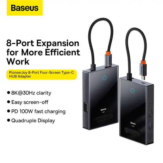 Baseus PioneerJoy Series | 8-Port Type-C HUB Adapter | Quad-Screen Output | 100W PD Input | 4K HDMI ×2 + VGA | RJ45 Gigabit Ethernet | USB-C Data + 2 × USB-A | SD/TF Card Readers | Aluminum Alloy | Space Gray | For Laptops, Tablets, USB-C Devices