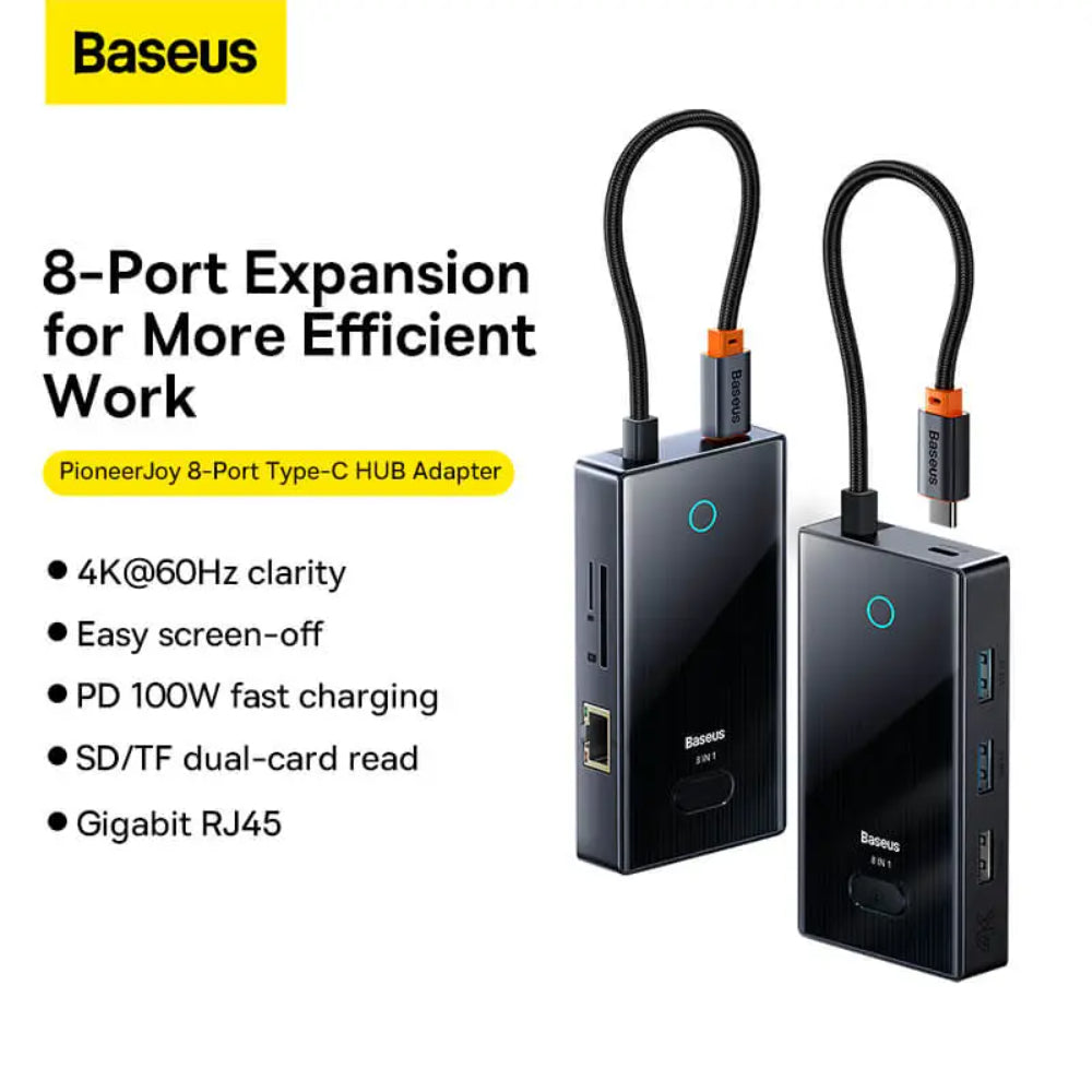 Baseus PioneerJoy Series | 8-Port USB-C HUB Adapter | 100W PD Input | 4K HDMI | RJ45 Gigabit Ethernet | SD/TF Card Readers | USB-C Data + 2 × USB-A | Aluminum Alloy | Space Gray | For Laptops, Tablets, USB-C Devices