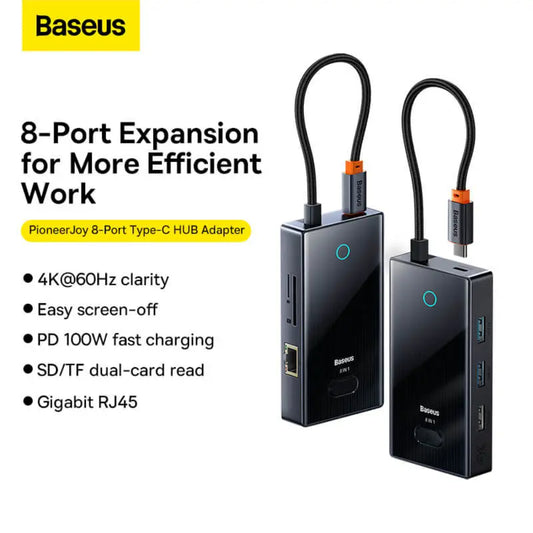Baseus PioneerJoy Series | 8-Port USB-C HUB Adapter | 100W PD Input | 4K HDMI | RJ45 Gigabit Ethernet | SD/TF Card Readers | USB-C Data + 2 × USB-A | Aluminum Alloy | Space Gray | For Laptops, Tablets, USB-C Devices