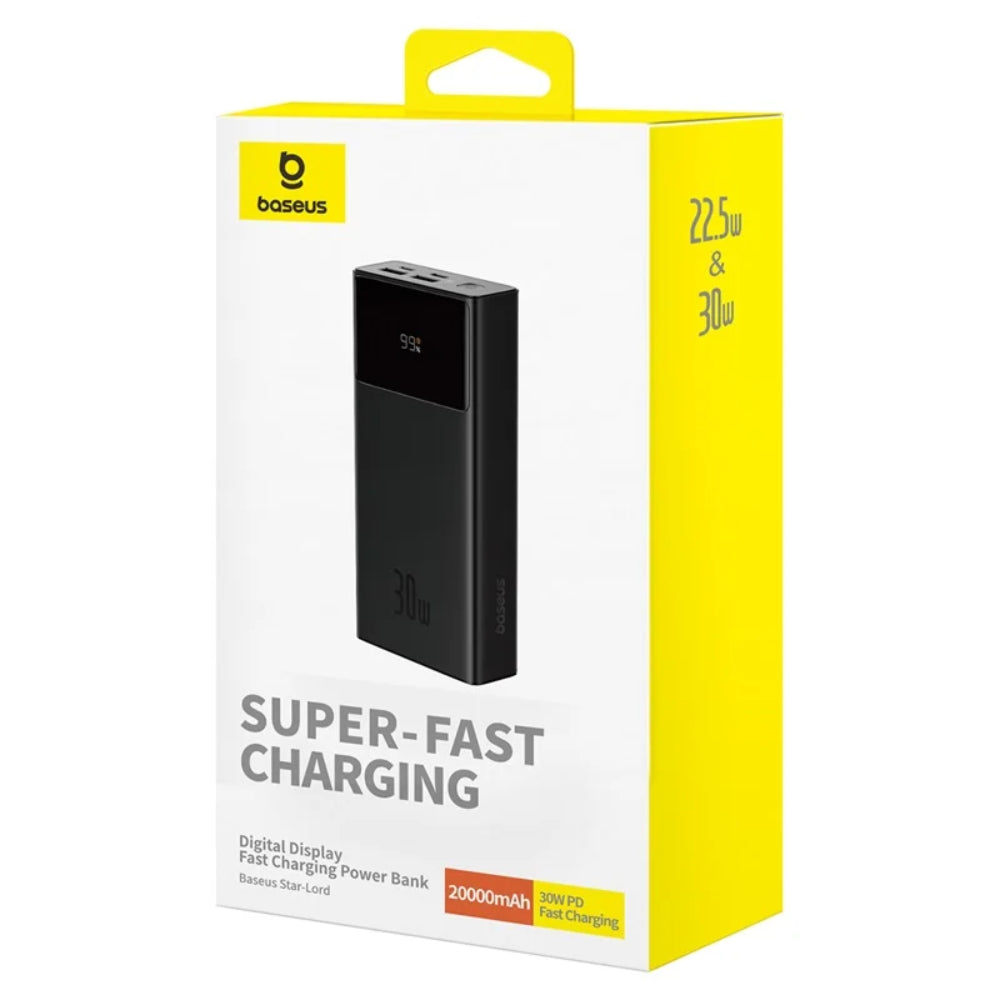 Baseus Star-Lord Series | Digital Display Power Bank | 20,000mAh Capacity | 30W Fast Charging | USB-C PD + USB-A QC | Smart Chip | LED Power Display | Black | For Phones, Tablets, USB Accessories